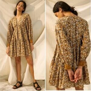 EUC $178 Anthropologie Let Me Be Tan Floral Boho Tunic Dress